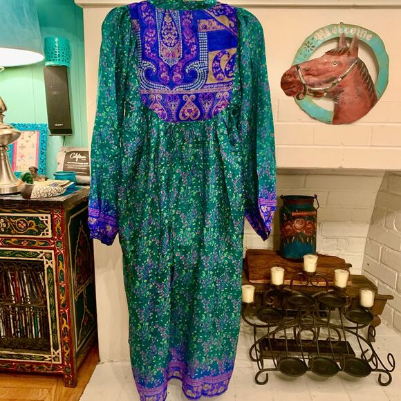 SEVENTIES 70's India SILK Mixed PATCHWORK Block Print HIPPIE BOHO - Picture 4 of 10